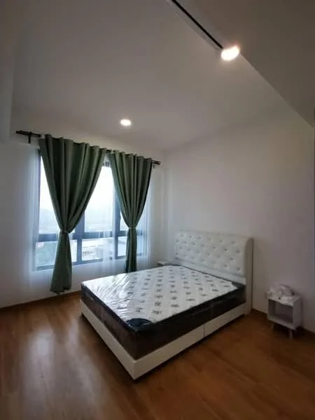 Bedroom features: queen-size bed, upholstered headboard, wooden flooring, white painted walls, floor-to-ceiling windows, sheer curtains, green blackout curtains, recessed LED downlights, nightstand, decorative wall, city view; style: modern; view: city.