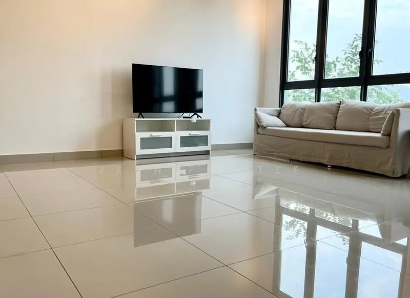 Living features: large floor-to-ceiling windows, light grey fabric sofa, white TV console with drawers, flat-screen TV, glossy ceramic tile flooring, white painted walls, natural light from windows, reflected light on floor; style: modern; view: garden.