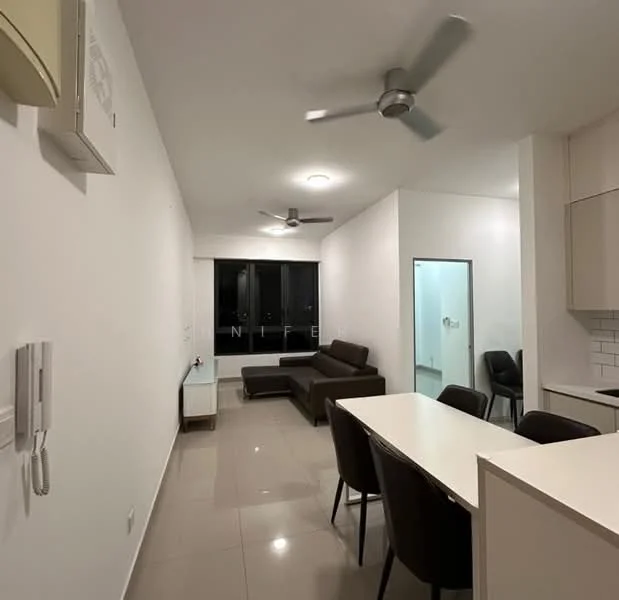 Living features: white painted walls, glossy tile flooring, 5-blade ceiling fan, sofa in dark brown fabric, dining table with 4 chairs, wall-mounted intercom, floor-to-ceiling windows, recessed ceiling lights; style: modern.