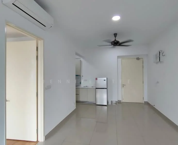 Room features: white painted walls, glossy tile flooring, 5-blade ceiling fan, wall-mounted split AC, refrigerator, door leading to another room, door leading to kitchen area, light fixture in ceiling; style: modern.