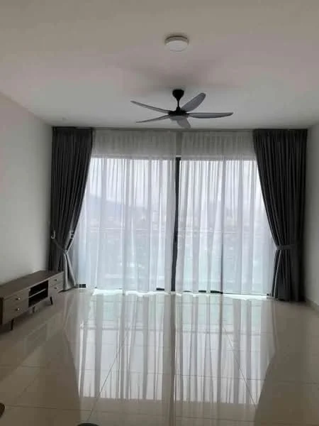 Living features: large floor-to-ceiling windows, sheer curtains, grey drapes, 5-blade ceiling fan, polished tile flooring, neutral painted walls, TV console, city view; style: modern; view: city.
