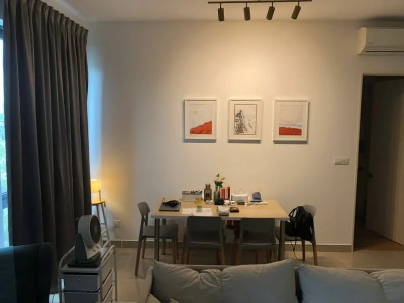 Dining features: dining table with 6 chairs, framed artwork on walls, white painted walls, recessed downlights, floor-to-ceiling window with sheer curtains, light-colored flooring, decorative plant on table, side table with lamp; style: modern. Room features: sofa in light fabric, air conditioning unit on wall.