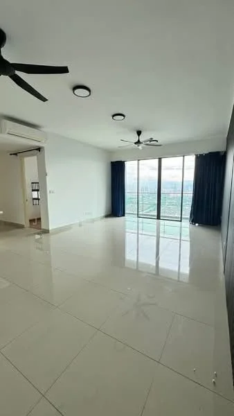 Living features: white painted walls, polished ceramic tile flooring, 2 ceiling fans, recessed downlights, floor-to-ceiling sliding glass door, blue curtains, view of city skyline; style: modern; view: city.