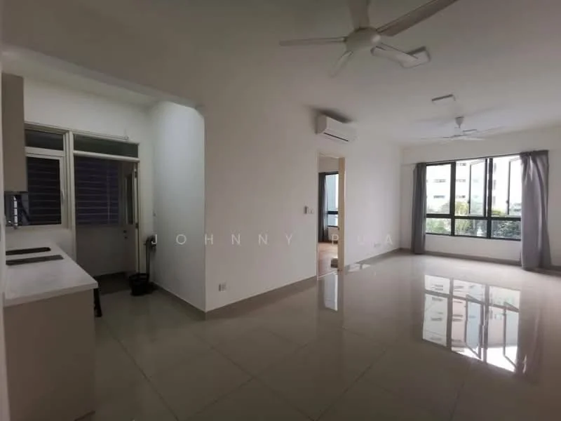 Living features: glossy tile flooring, white painted walls, 2 ceiling fans, large windows with city view, grey curtains, air conditioning unit, open layout to kitchen, natural light; style: modern; view: city. Kitchen features: white cabinetry, countertop, open layout to living area; style: modern.