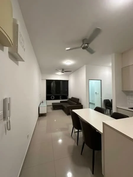 Living features: white painted walls, glossy tile flooring, 5-blade ceiling fan with light, sofa in dark brown, dining table with chairs, floor-to-ceiling windows, recessed ceiling lights, intercom panel; style: modern. Kitchen features: white cabinetry, countertop with breakfast bar, stainless-steel sink, built-in appliances, open layout; style: modern. Bathroom features: glass shower enclosure, white tiled walls, modern fixtures; style: modern.
