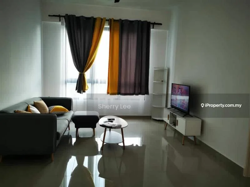 Living features: grey fabric 3-seater sofa, yellow and grey throw pillows, white coffee table, white TV console, wall-mounted TV, floor-to-ceiling windows, black and yellow curtains, glossy tile flooring, recessed ceiling lights; style: modern.