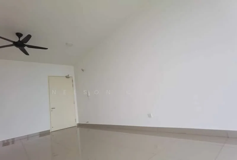 Room features: white painted walls, sloped ceiling, 5-blade ceiling fan, glossy tile flooring, single door, light switch, power outlet; style: modern.