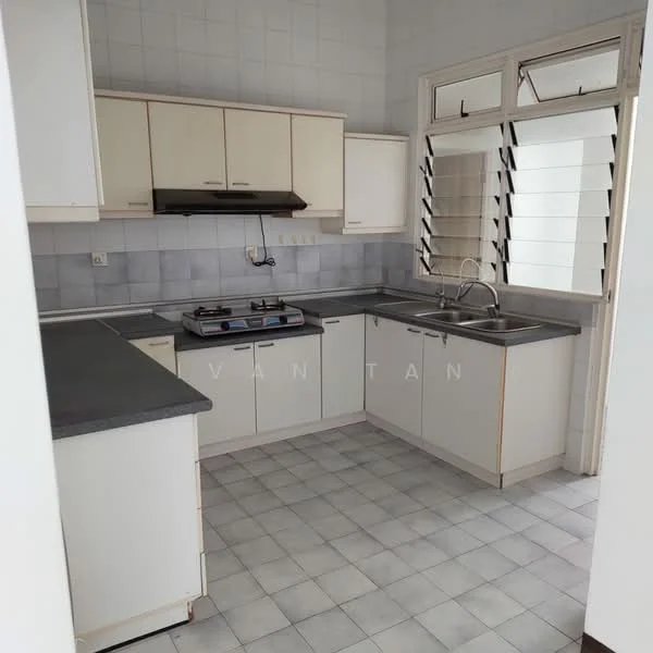Kitchen features: white cabinetry, grey laminate countertop, double-bowl stainless-steel sink, chrome pull-down faucet, built-in gas stove with two burners, wall-mounted range hood, white tiled walls, grey tiled flooring, window with horizontal slats; style: modern.
