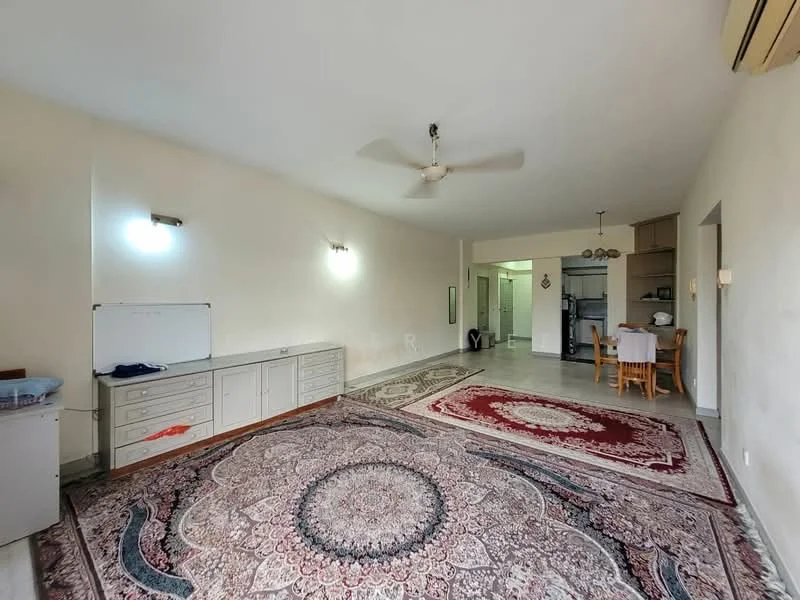 Living features: large area rug with intricate pattern, ceiling fan, white painted walls, recessed lighting, built-in cabinets, sliding glass door, open layout to kitchen, grey tiled flooring; style: modern.