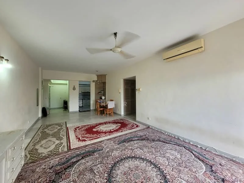 Living features: 5-blade ceiling fan, wall-mounted split AC, marble flooring, cream painted walls, decorative area rug with intricate pattern, dining table with chairs, open layout, natural light from windows; style: modern. Kitchen features: kitchen visible in background, built-in cabinets, countertop, appliances visible.