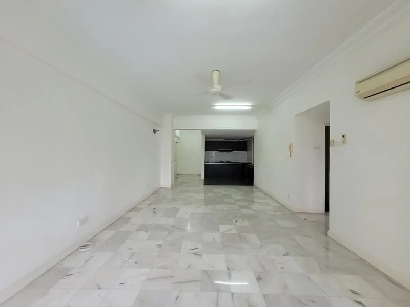 Living features: marble flooring, white painted walls, ceiling fan, wall-mounted air conditioning unit, open layout, natural light from windows, neutral color scheme, no visible furniture; style: modern. Kitchen features: dark cabinetry, countertop, open to living area, no visible appliances; style: modern.