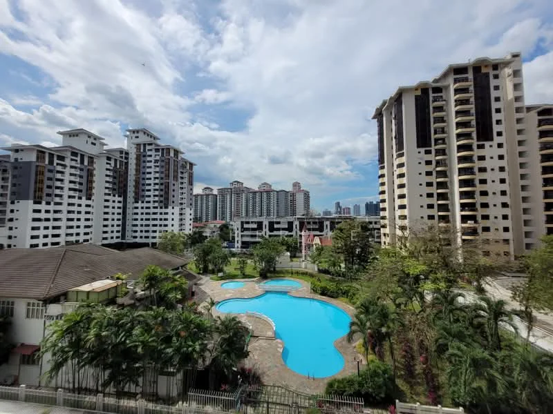 Exterior type: high-rise condominium; features: infinity pool, landscaped garden, manicured lawn, surrounded by palm trees, multiple high-rise buildings, city skyline in background; style: modern.