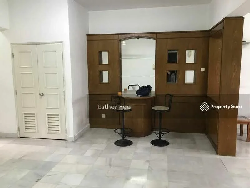 Room features: white painted walls, marble tile flooring, wood cabinetry with glass inserts, bar counter with two stools, built-in storage with louvered doors, mirror panel, light fixture, neutral color scheme; style: modern.