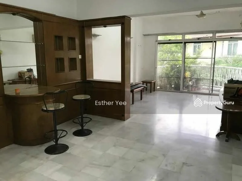 Living features: white painted walls, marble flooring, ceiling fan, large sliding glass door, wooden feature wall, bar counter with stools, open layout, natural light from windows, view of greenery; style: modern; view: garden.