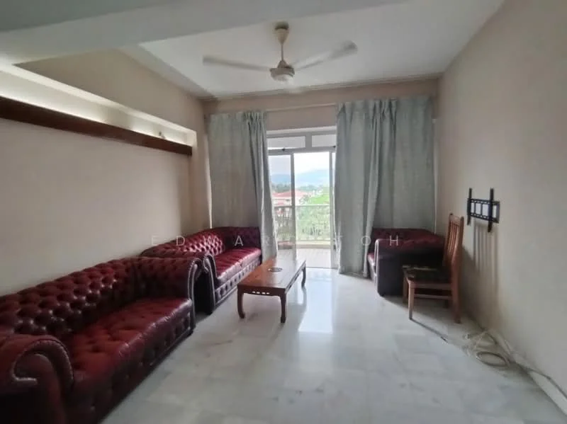 Living features: two 3-seater leather sofas in burgundy, marble flooring, ceiling fan, large sliding glass door, curtains, wooden coffee table, wooden dining chair, wall-mounted TV bracket, neutral painted walls; style: contemporary; view: mountain.