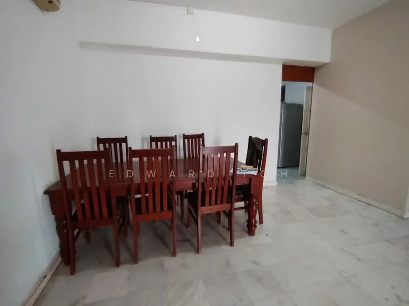 Dining features: wooden dining table with 8 chairs, white painted walls, marble flooring, natural light from adjacent room, neutral color scheme, corner with doorway leading to another room; style: modern.