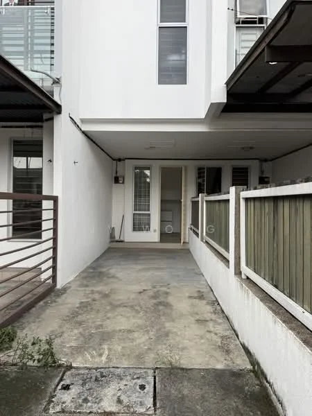 Exterior type: linked terrace house; features: white painted facade, concrete pathway, wooden fence, glass railing, two-storey structure, exterior wall with windows, manicured lawn, covered porch area; style: modern.