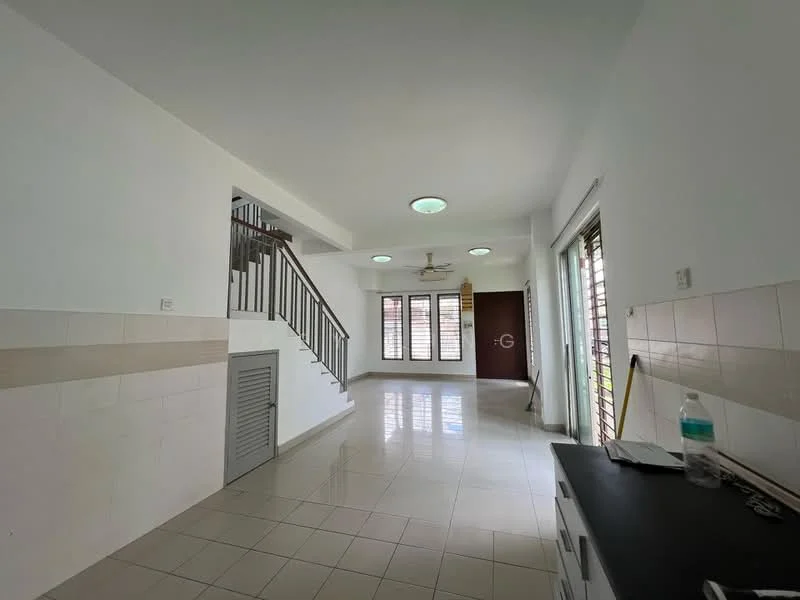 Living features: white painted walls, glossy tile flooring, ceiling lights, 5-blade ceiling fan, large windows with grilles, staircase leading to upper floor, door leading outside, built-in cabinet, water bottle on counter; style: modern.