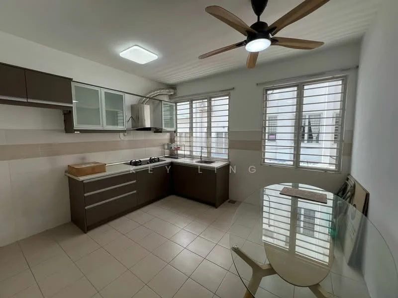 Kitchen features: brown cabinetry, white countertops, stainless-steel sink, chrome pull-down faucet, 4-burner gas hob, built-in oven, exhaust hood, tile backsplash, window with horizontal slats, light fixture on ceiling, dining table with glass top, cream tiled flooring; style: modern.