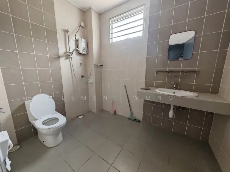 Bathroom features: white toilet, single-sink vanity with wall-mounted mirror, chrome basin mixer faucet, shower with wall-mounted water heater, grey tiled walls, light grey tiled flooring, window for natural light, shelf above sink; style: modern.