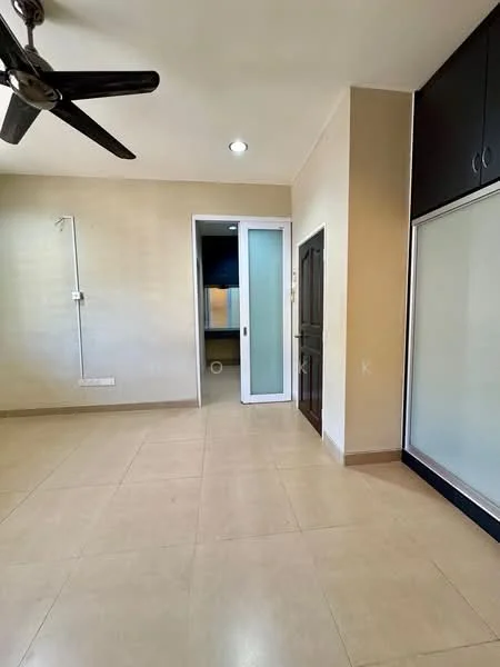 Room features: cream painted walls, tile flooring, ceiling fan, recessed downlights, glass sliding door, wooden door, built-in wardrobe with sliding doors, neutral color scheme; style: modern.