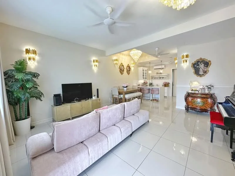 Living features: 3-seater fabric sofa in light pink, flat-screen TV on media console, white tiled flooring, ceiling fan with light, chandelier lighting, decorative wall sconces, potted plant in corner, large windows with sheer curtains, open layout to kitchen and dining area, decorative wall art, wooden side table, piano in corner; style: modern.