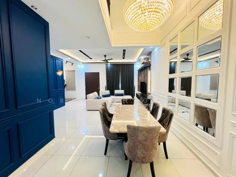 Dining features: marble dining table, upholstered dining chairs, decorative wall mirrors, blue accent wall, white panelled walls, recessed LED downlights, chandelier, glossy tile flooring, ceiling fan; style: modern. Living features: sofa, coffee table, TV console, wall-mounted TV, blackout curtains; style: modern.