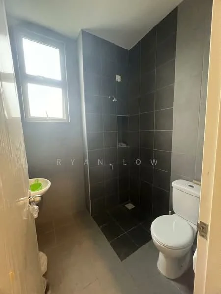 Bathroom features: grey ceramic tile flooring, grey tile walls, walk-in shower with glass partition, chrome handheld shower, toilet with dual flush, single-sink vanity, mirror above sink, window for natural light; style: modern.