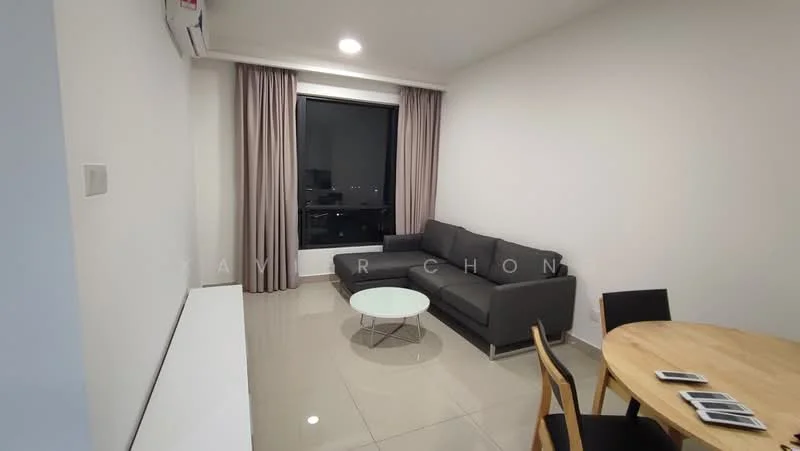 Living features: grey L-shape sectional sofa, round glass coffee table, white painted walls, large window with city view, curtains in light grey, recessed downlights, polished ceramic tile flooring, air conditioning unit on wall; style: modern; view: city. Dining features: round wooden dining table, black dining chairs, smartphone on table, white painted walls, polished ceramic tile flooring; style: modern.
