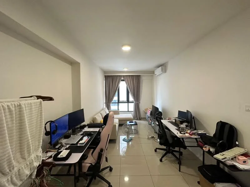 Living features: white painted walls, glossy tile flooring, recessed downlights, floor-to-ceiling window, curtains, 2 desks with computers, 1 sofa, 1 glass coffee table, air conditioning unit, multiple office chairs; style: modern.