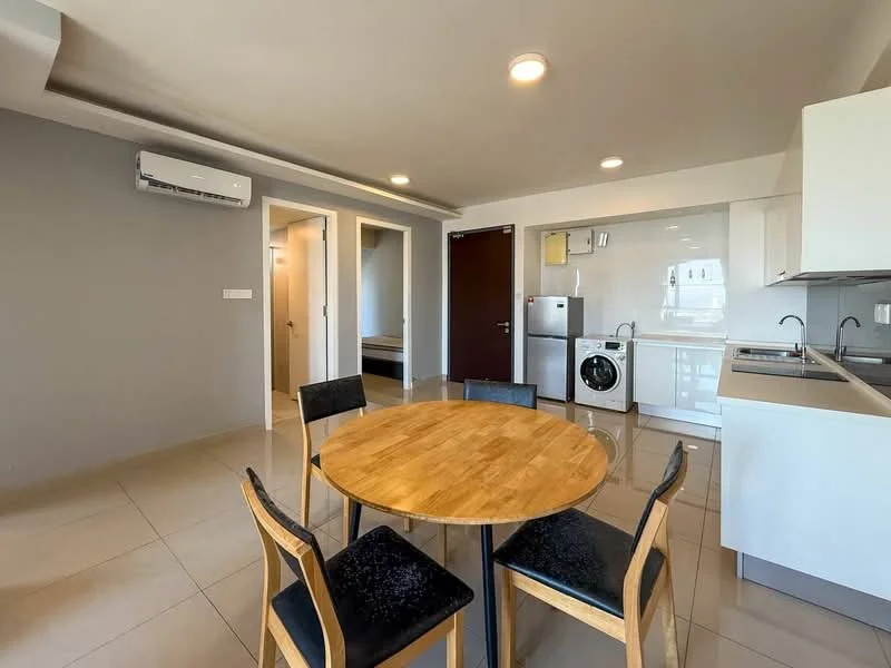 Kitchen features: white cabinetry, stainless-steel fridge, built-in oven, freestanding washing machine, single-bowl stainless-steel sink, chrome pull-down faucet, ceramic tile flooring, recessed downlights, wall-mounted split AC, round wooden dining table, 4 dining chairs, grey painted accent wall; style: modern.
