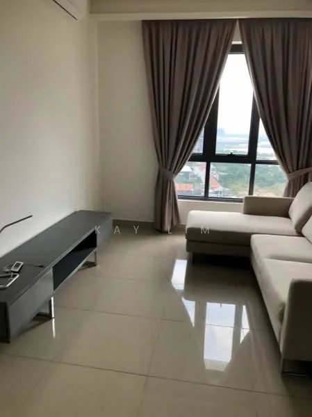 Living features: light grey fabric sectional sofa, glass coffee table, TV console in dark wood, floor-to-ceiling window, sheer curtains, grey tiled flooring, air conditioning unit, decorative wall with no artwork; style: modern; view: city.