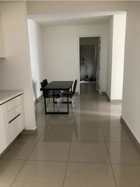 Dining features: white painted walls, glossy ceramic tile flooring, rectangular dining table, 4 black dining chairs, recessed downlights, doorway leading to another room, neutral colour scheme; style: modern. Room features: white painted walls, glossy ceramic tile flooring.