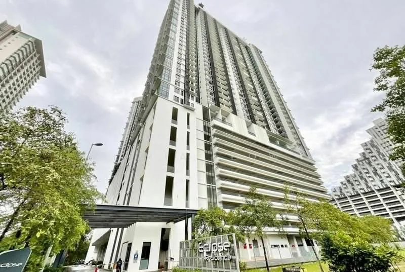 Exterior type: high-rise condominium; features: glass curtain wall, white painted facade, recessed balconies, multiple storeys, covered entrance, surrounded by greenery; style: modern.