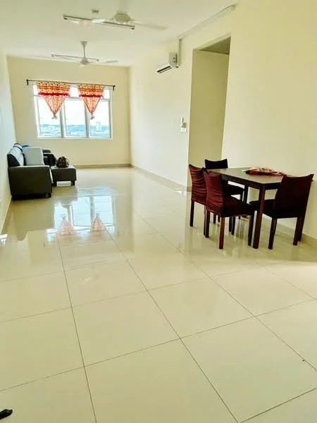 Living features: 3-seater fabric sofa in grey, coffee table, 4-seater dining table, brown dining chairs, floor-to-ceiling windows, sheer curtains, wall-mounted split AC, polished ceramic tile flooring, plain white walls, ceiling fan; style: modern; view: city.