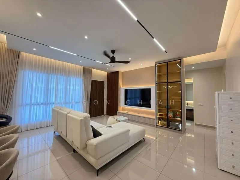 Living features: white leather sofa, 3-seater sofa, 2 armchairs, coffee table, wall-mounted TV, entertainment unit, floor-to-ceiling windows, sheer curtains, recessed LED downlights, ceiling fan with light, glossy tile flooring, wood panel accent wall, decorative shelving unit, decorative items on shelves; style: modern.