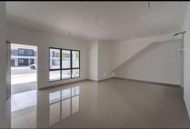 Room features: white painted walls, polished tile flooring, large floor-to-ceiling windows, natural light, staircase, ceiling lights, open layout, corner space; style: modern; view: street.