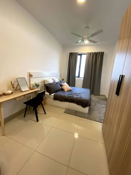 Bedroom features: queen-size bed with grey bedding, upholstered headboard, 2 bedside pillows, ceiling fan with light, floor-to-ceiling window, grey curtains, wooden desk, black chair, decorative mirror, light-colored wall, tile flooring, area rug, built-in wardrobe; style: modern.