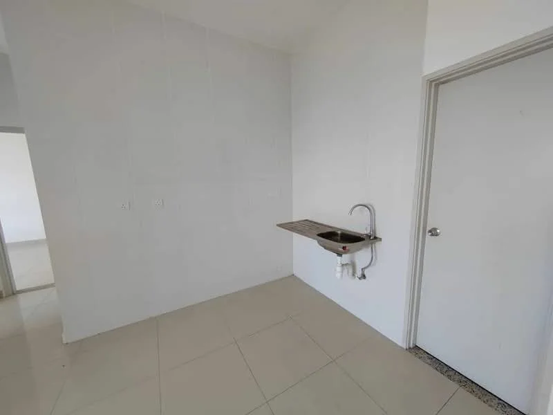 Laundry features: white tiled walls, cream tiled flooring, stainless-steel sink, wall-mounted faucet, drainage pipe, single wall outlet, single door, neutral color scheme; style: modern.