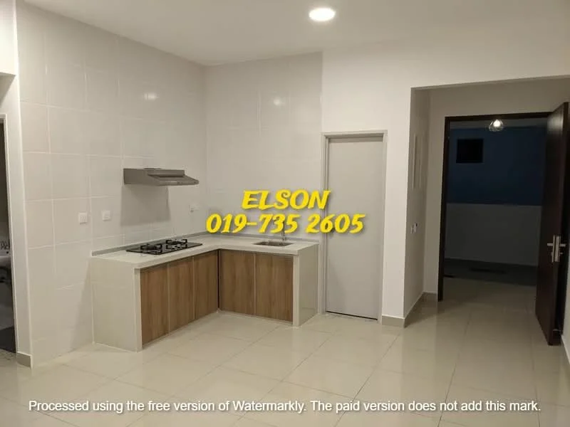 Kitchen features: white tiled walls, light grey floor tiles, L-shaped kitchen countertop, wood cabinetry, stainless-steel range hood, built-in gas hob, single-bowl stainless-steel sink, chrome pull-down faucet, white backsplash, door to utility area; style: modern.