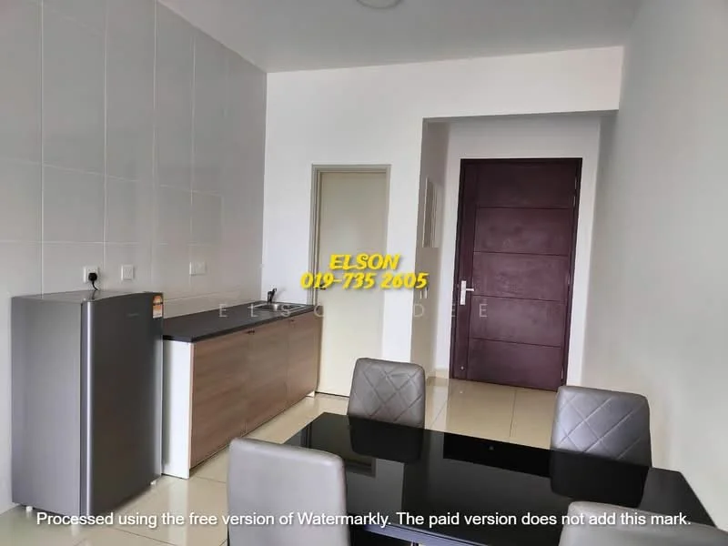 Kitchen features: stainless-steel fridge, wood cabinetry, black countertop, white tiled walls, cream tiled flooring, 4-seater dining table, upholstered dining chairs, single-bowl stainless-steel sink, chrome pull-down faucet; style: modern.
