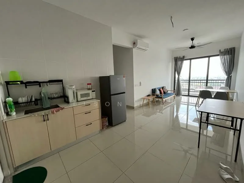 Kitchen features: white cabinetry, stainless-steel fridge, microwave, kitchen sink, countertop, kitchen utensils, green dish rack; style: modern. Living features: sofa with cushions, coffee table, dining table with chairs, floor-to-ceiling windows, curtains, ceiling fan, tile flooring, air conditioning unit; style: modern; view: city.