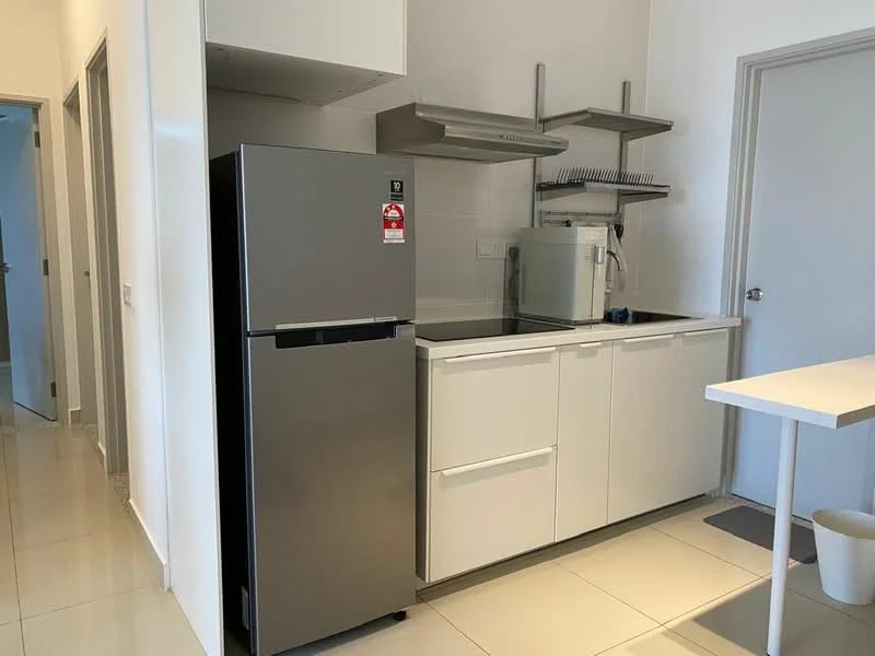 Kitchen features: stainless-steel fridge, white cabinetry, black countertop, open shelving, built-in sink, single-bowl stainless-steel sink, chrome pull-down faucet, tile backsplash, ceramic tile flooring, recessed downlights; style: modern.