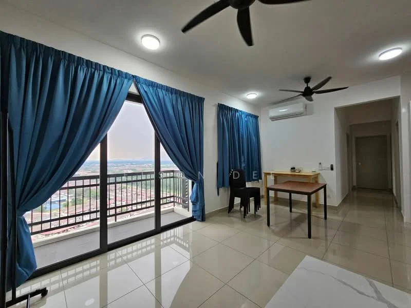 Living features: floor-to-ceiling windows, blue curtains, 2-blade ceiling fan, wall-mounted split AC, light-colored walls, glossy tile flooring, wooden dining table, black dining chairs, neutral decor, city view from window; style: modern; view: city.
