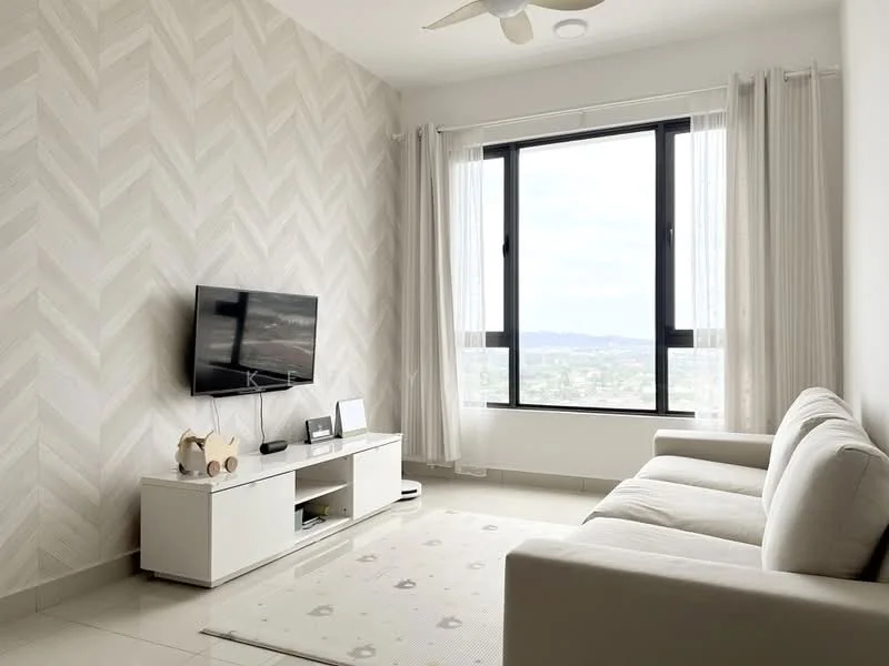 Living features: light grey fabric sofa, white TV console, wall-mounted TV, area rug with floral pattern, floor-to-ceiling windows, sheer curtains, light ceiling fan, chevron patterned accent wall, neutral tile flooring; style: modern; view: city.