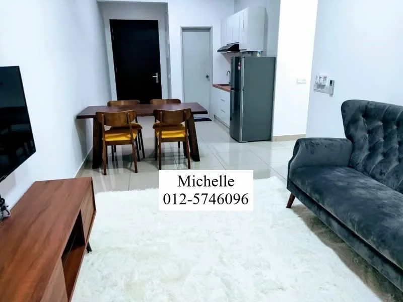Living features: grey fabric sofa, wooden coffee table, TV console, wall-mounted TV, cream area rug, tile flooring, white painted walls, recessed downlights, dining table with four chairs, kitchen visible in background, fridge, doorway to hallway; style: modern.