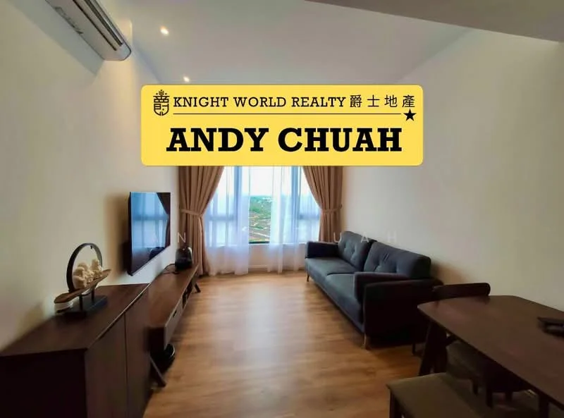 Living features: light wood flooring, cream painted walls, floor-to-ceiling windows, curtains, 3-seater fabric sofa in grey, TV console, wall-mounted TV, decorative items on console, dining table, chairs; style: modern; view: city.