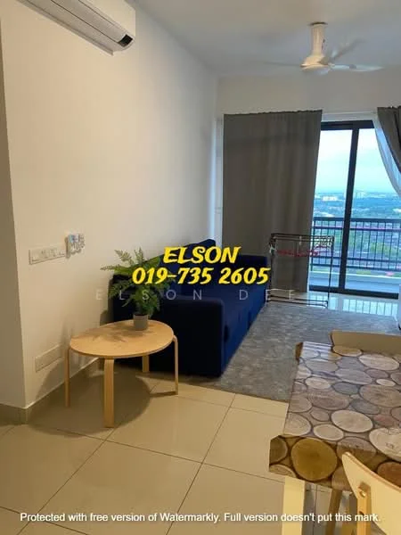 Living features: blue fabric sofa, round wooden coffee table, floor-to-ceiling window, curtain with tieback, wall-mounted split AC, ceiling fan, tile flooring, decorative plant in pot; style: modern; view: city.