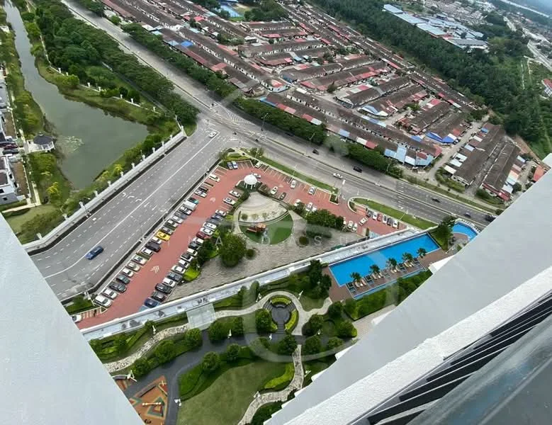 Exterior type: high-rise condominium; features: aerial view of landscaped garden, swimming pool, parking lot, road access, manicured lawns, paved walkways, surrounding residential area, water body adjacent to property; style: modern.