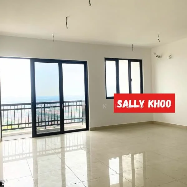 Room features: large floor-to-ceiling windows, sliding glass door, white painted walls, polished tile flooring, unfurnished space, mountain view, balcony access, ceiling lights; style: modern; view: mountain.